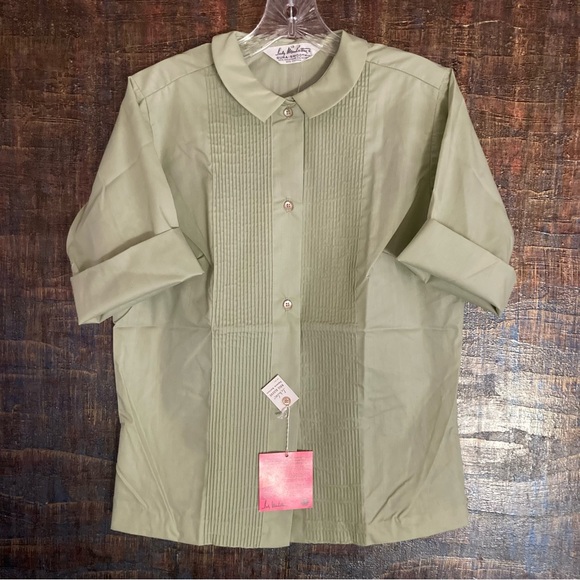 Vintage 60’s NWT Lady Manhattan Pintuck Pleat Front Button Up Shirt Sage M-L - Picture 4 of 8